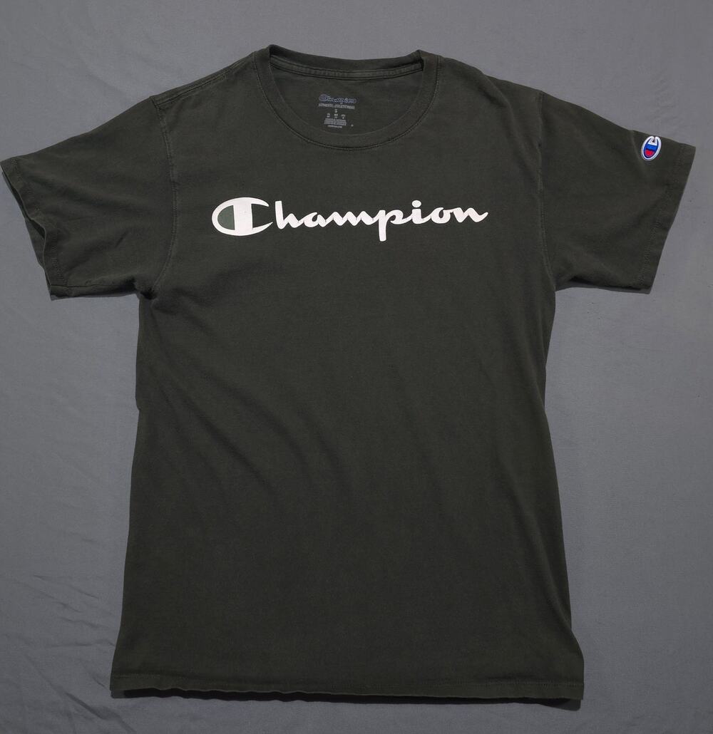 Champion Script Logo T-Shirt Mens Small Dark Olive Green Short Sleeve